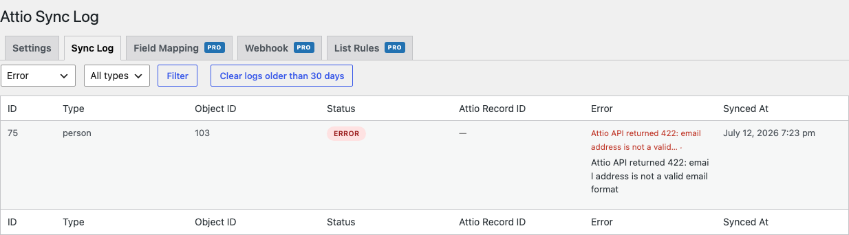 Filterable error view: failed syncs keep the full Attio API error message for debugging.