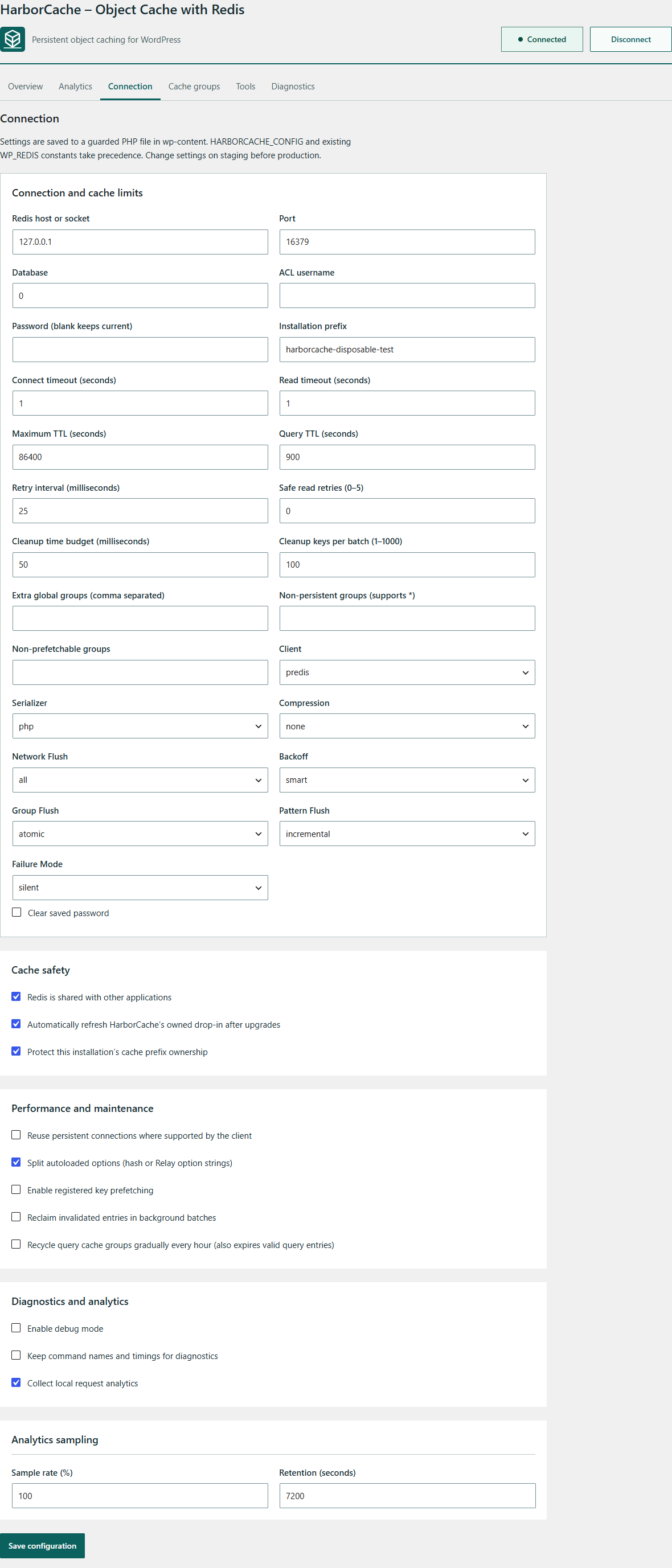 Connection and cache configuration.