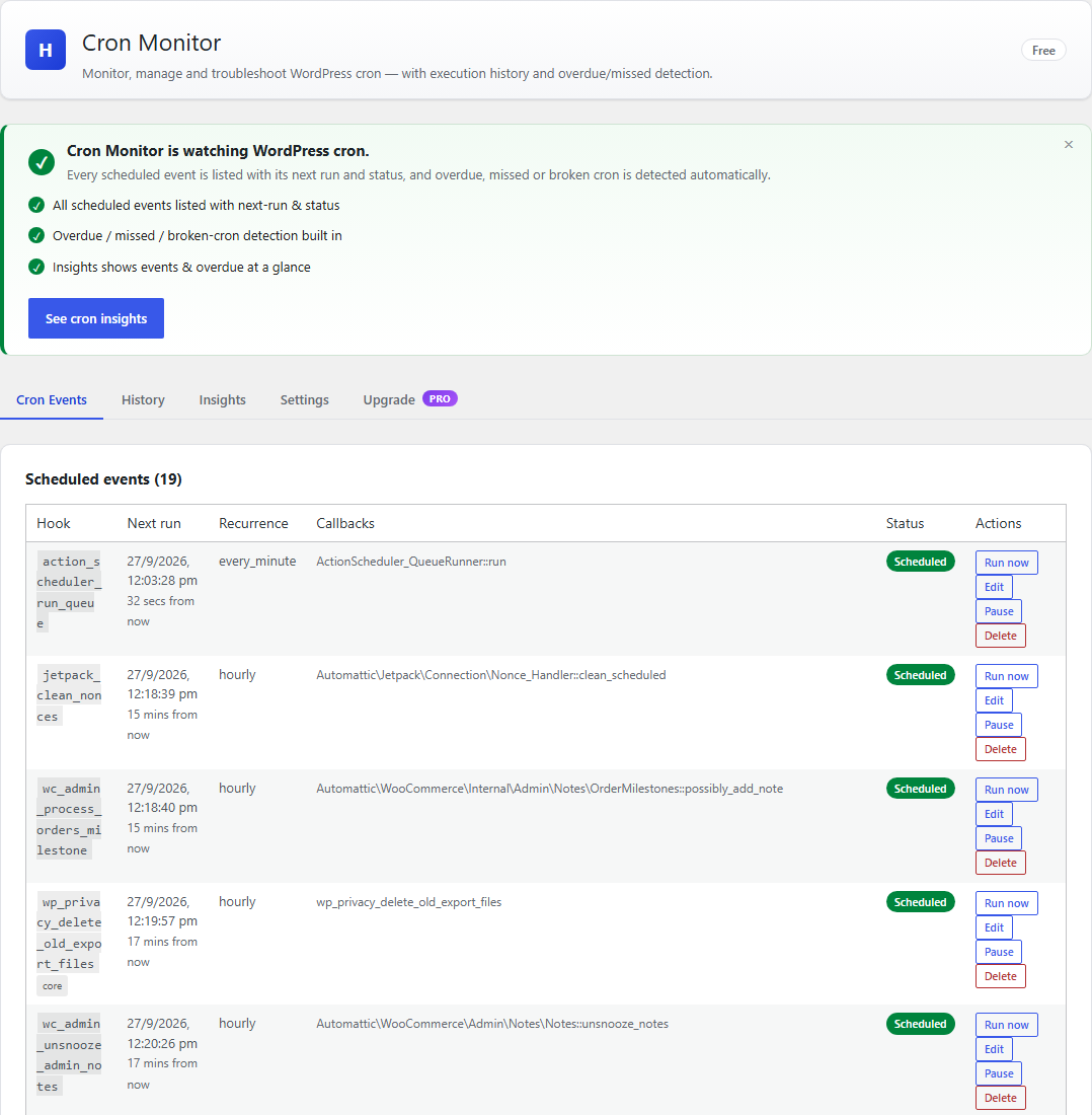 Every scheduled event, with overdue and broken ones flagged.