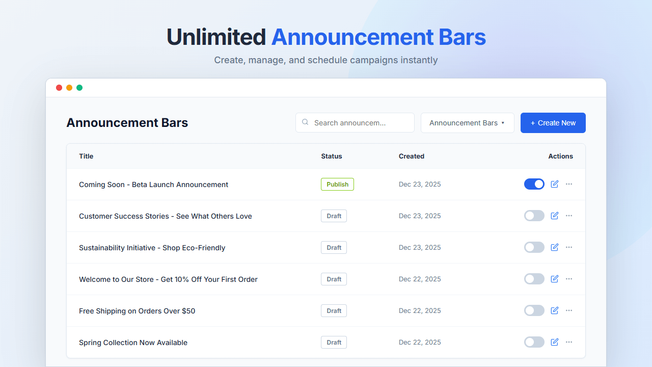 <strong>All Notification Bars</strong> – List view with live preview and quick actions