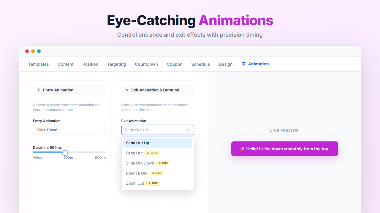 <strong>Animation Options</strong> – 5 Entry and 5 Exit Animations with duration control