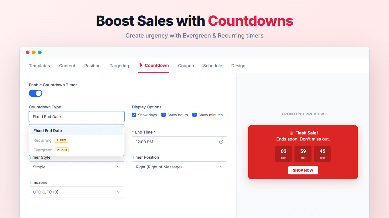 <strong>Countdown Timer</strong> – Fixed, Recurring, and Evergreen Options