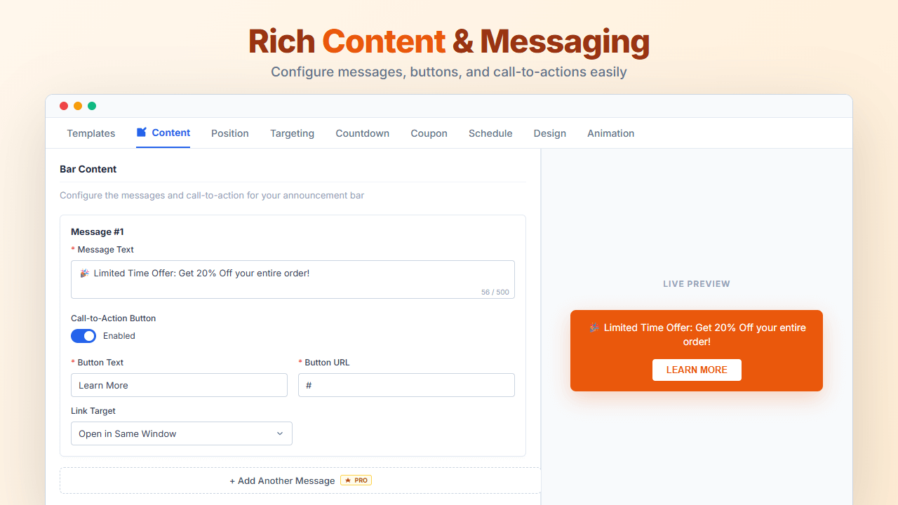 <strong>Content & Messaging</strong> – Message, CTA Buttons, Link Target