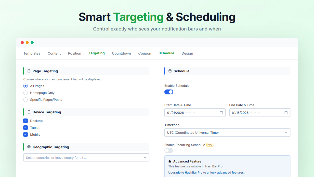 <strong>Targeting Options</strong> – Smart Page, Device, and Country Targeting