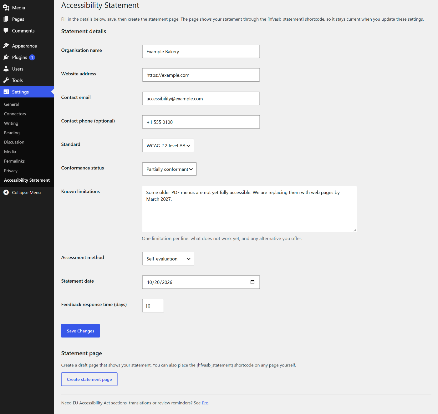 The settings page under Settings -> Accessibility Statement, filled in with example details.