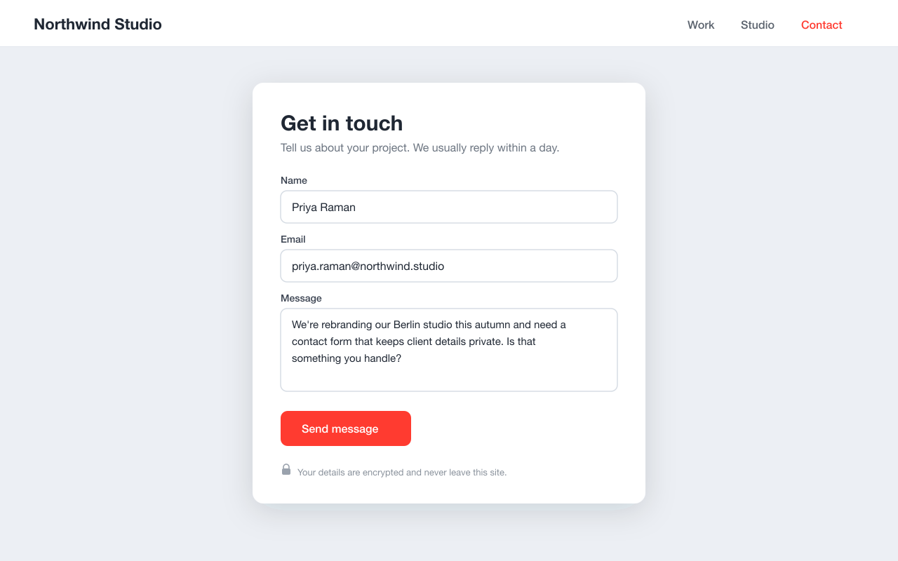 A WordPress page showing a contact form with Name, Email, and Message fields, filled in and ready to submit.