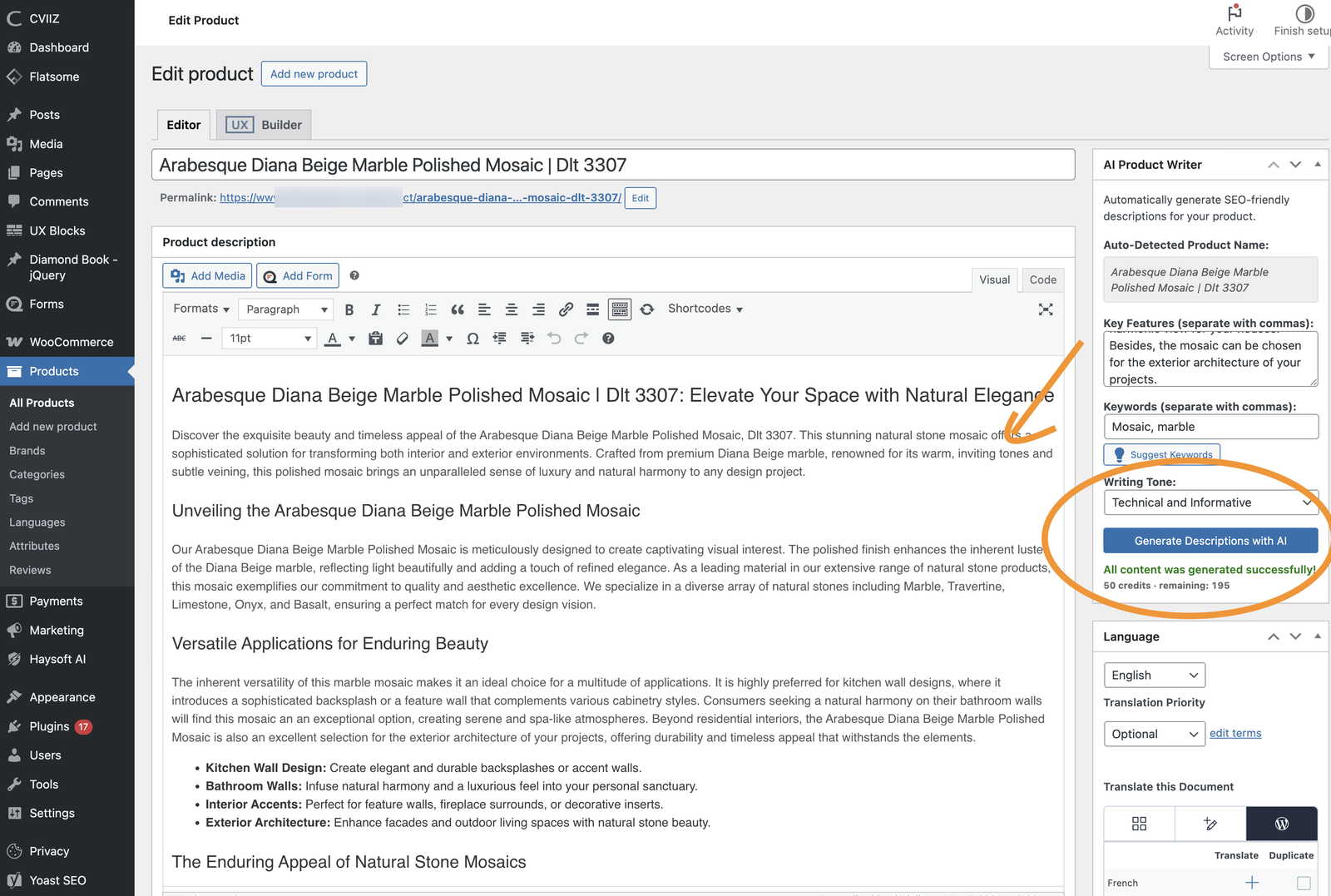 AI Product Writer: WooCommerce product descriptions generated from the product name, features and keywords