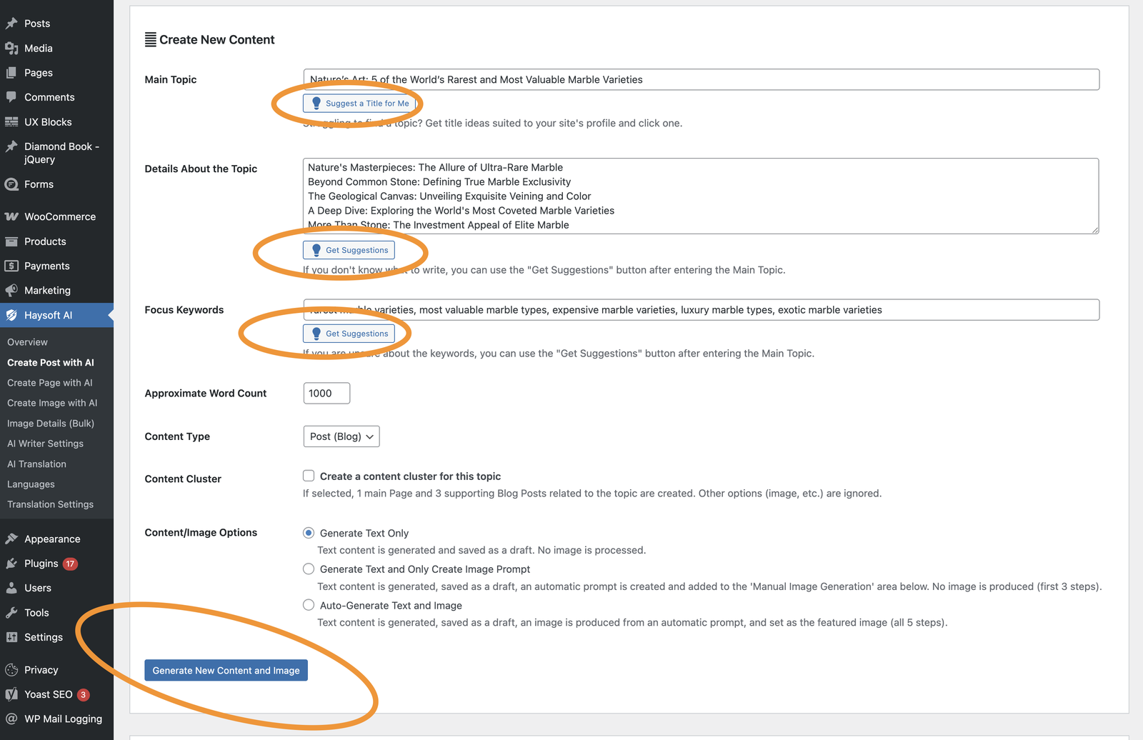 Article generation: topic, details and focus keywords, each with AI suggestions