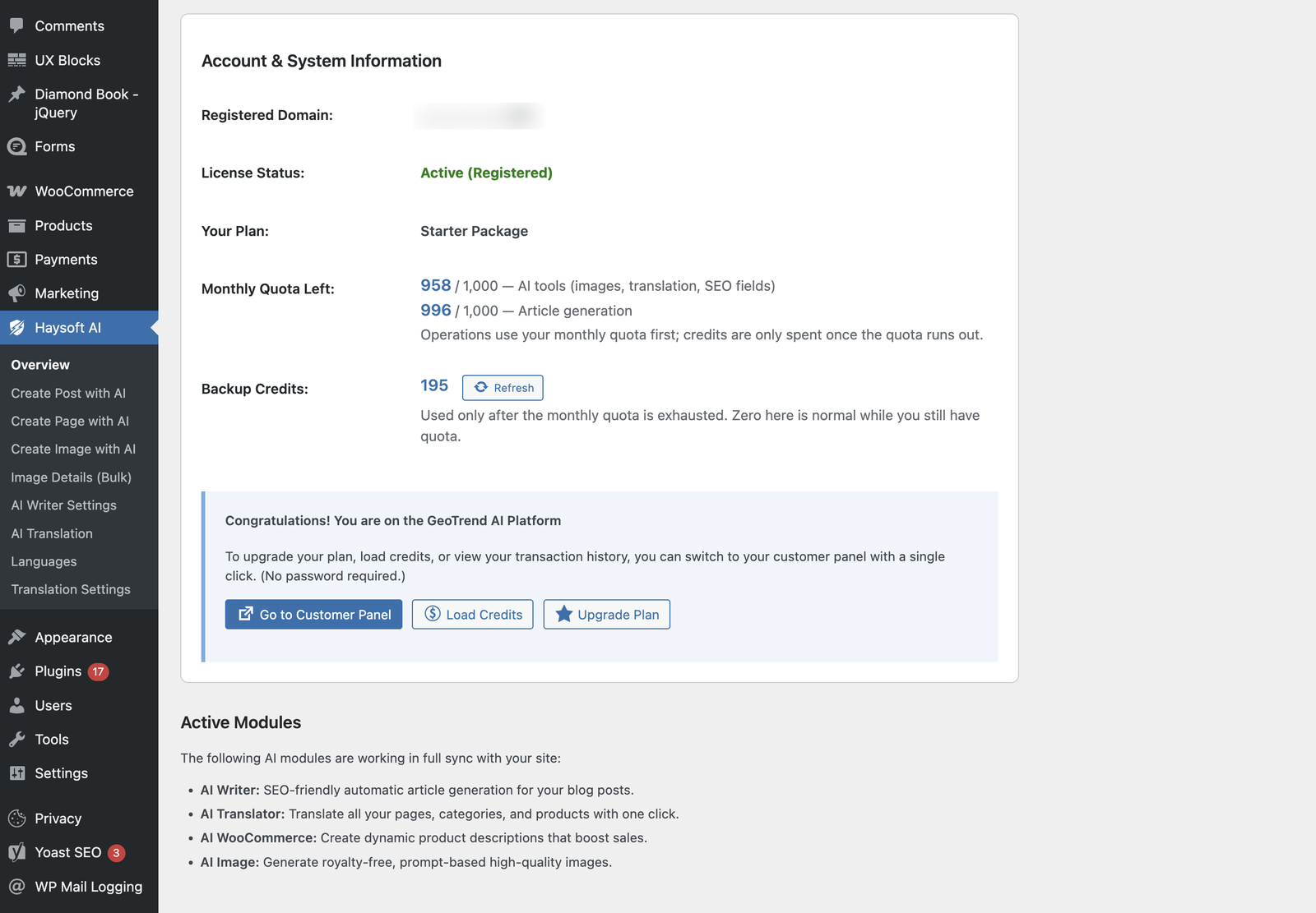 Overview: plan, remaining monthly quota and backup credits
