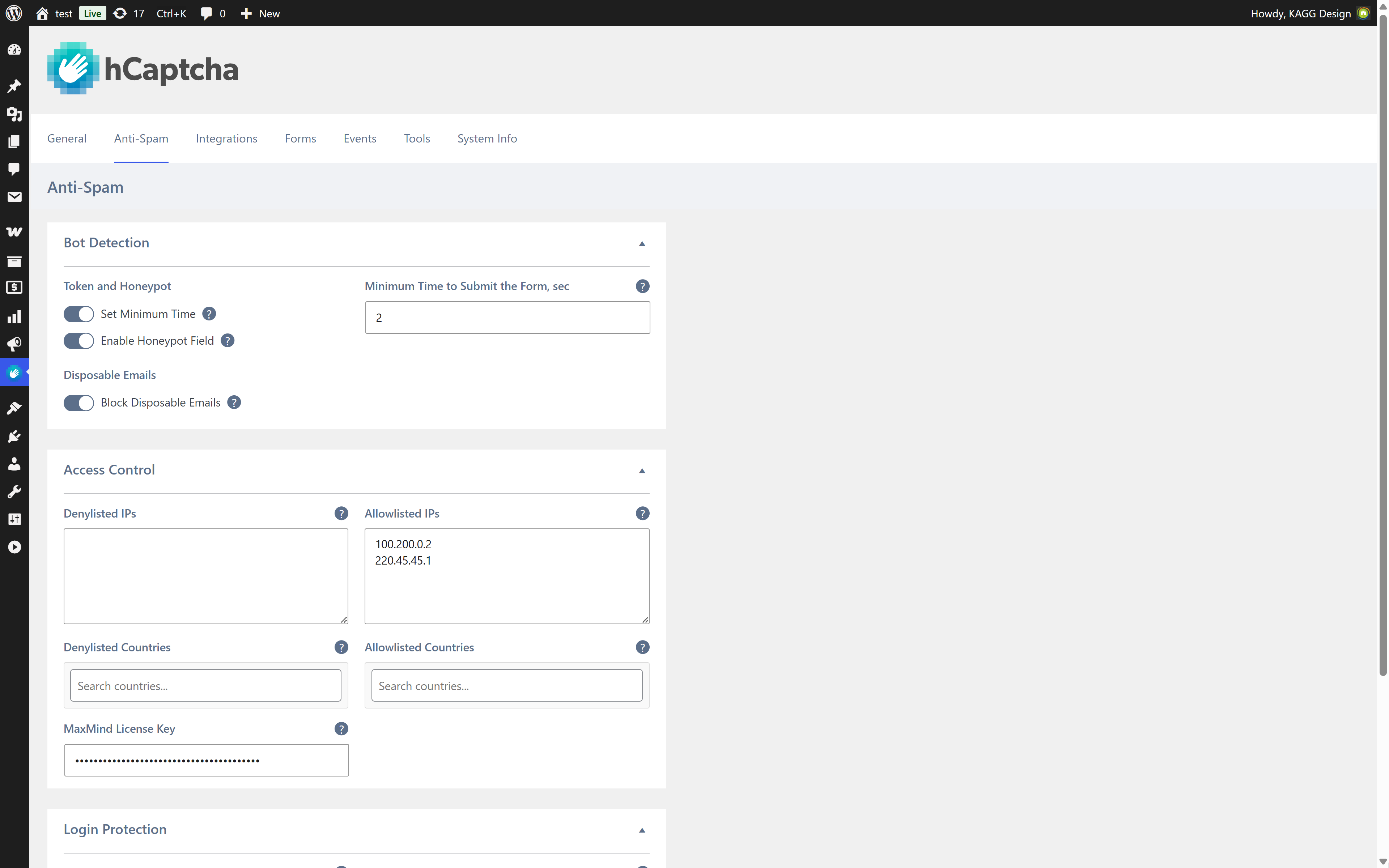 Anti-Spam settings page.