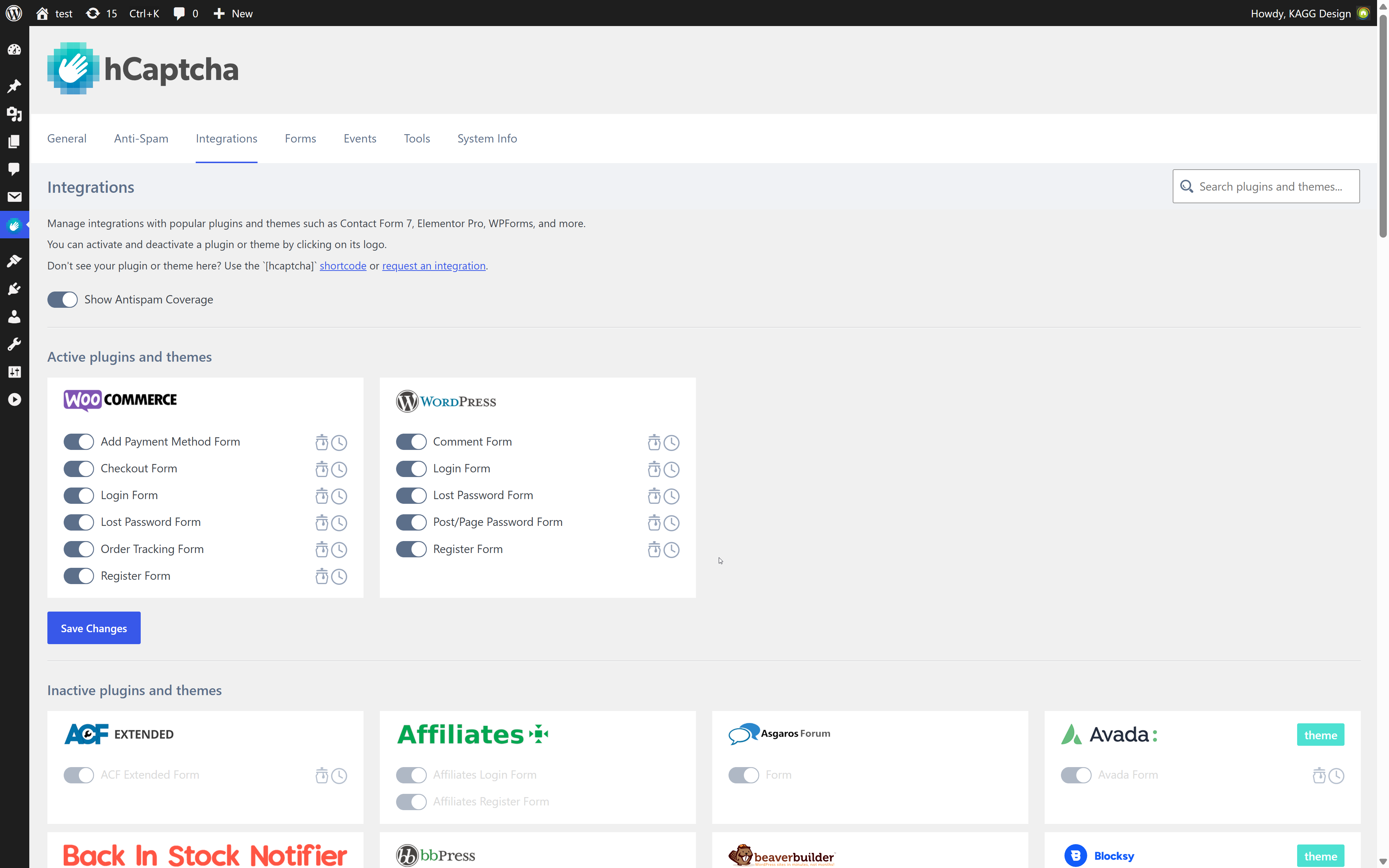 Integrations' settings page.