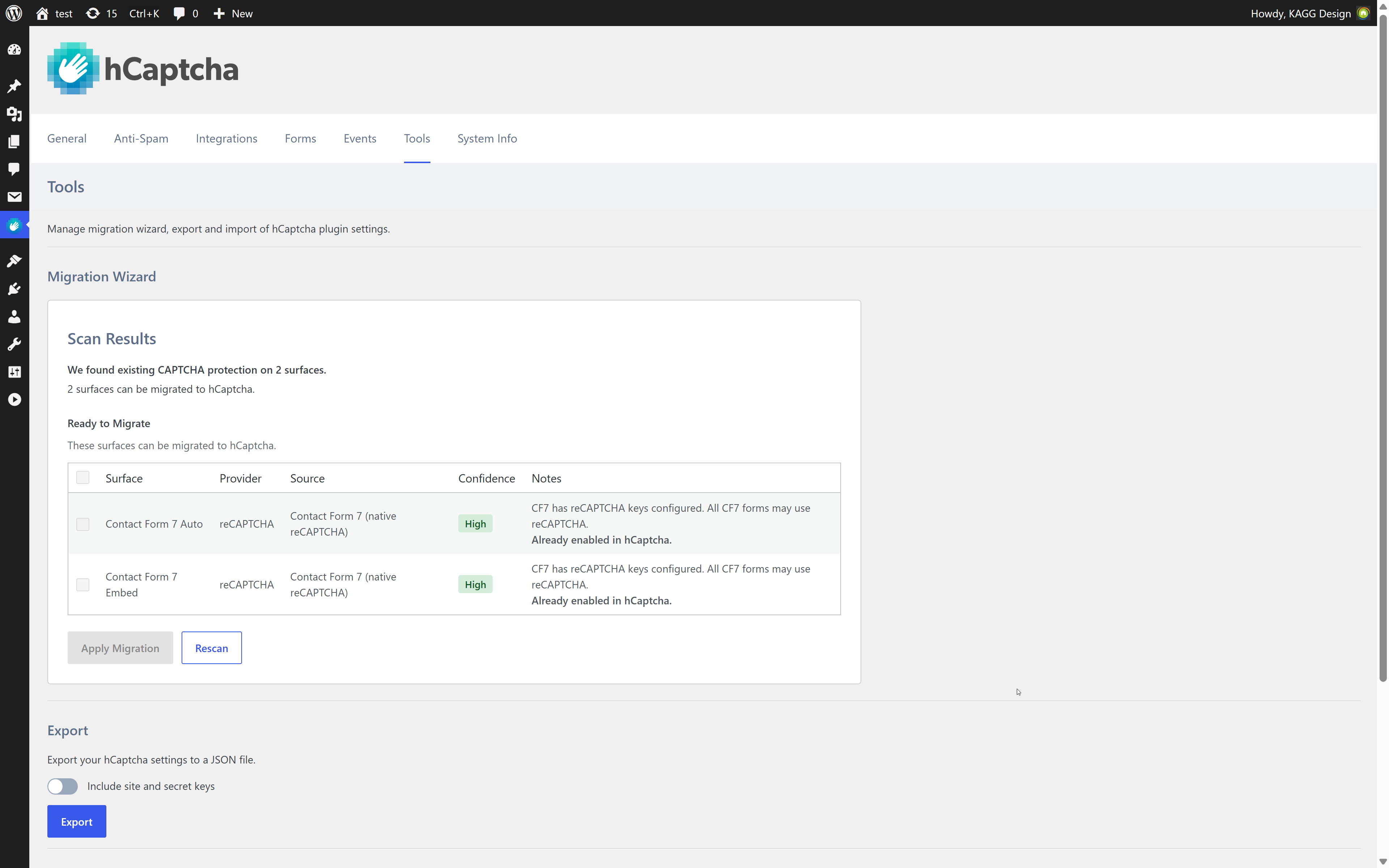 Migration Wizard scan results on the Tools settings page.