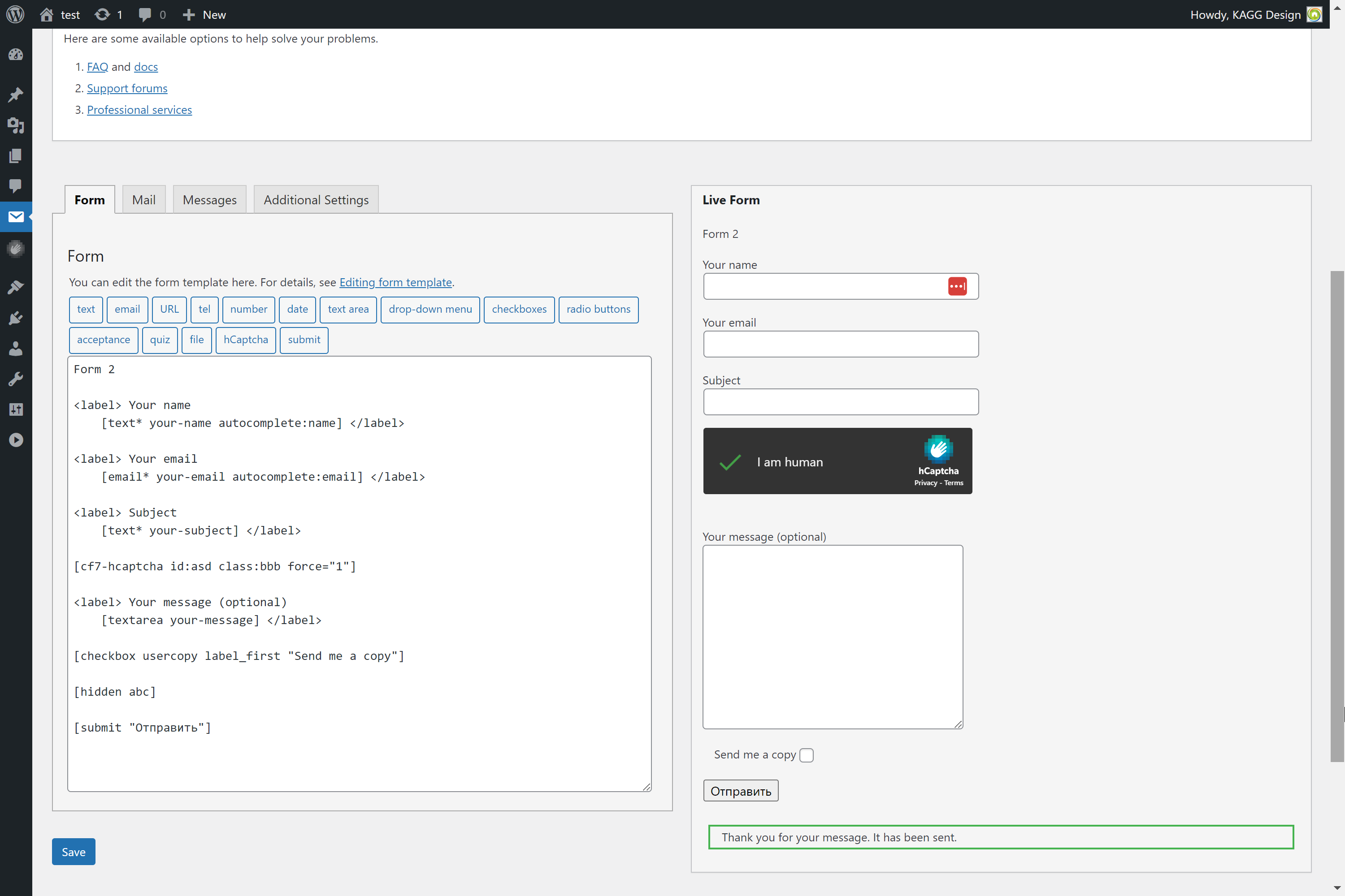 Contact Form 7 live form in the admin editor.