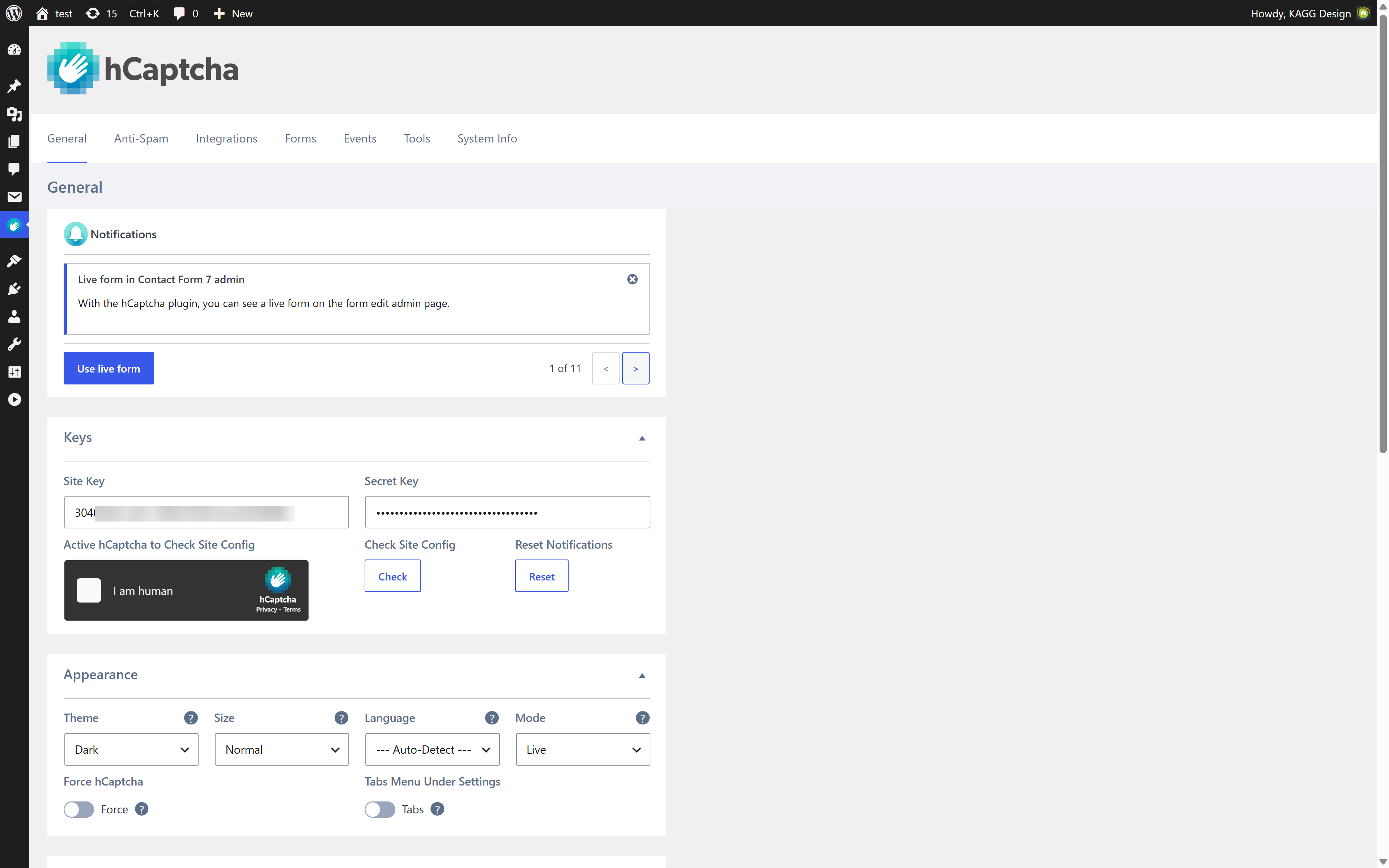 General settings page.