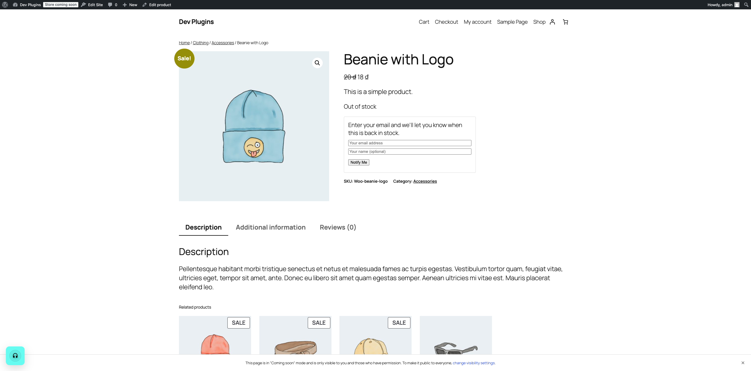 The "Notify Me" signup form, shown automatically on an out-of-stock product.