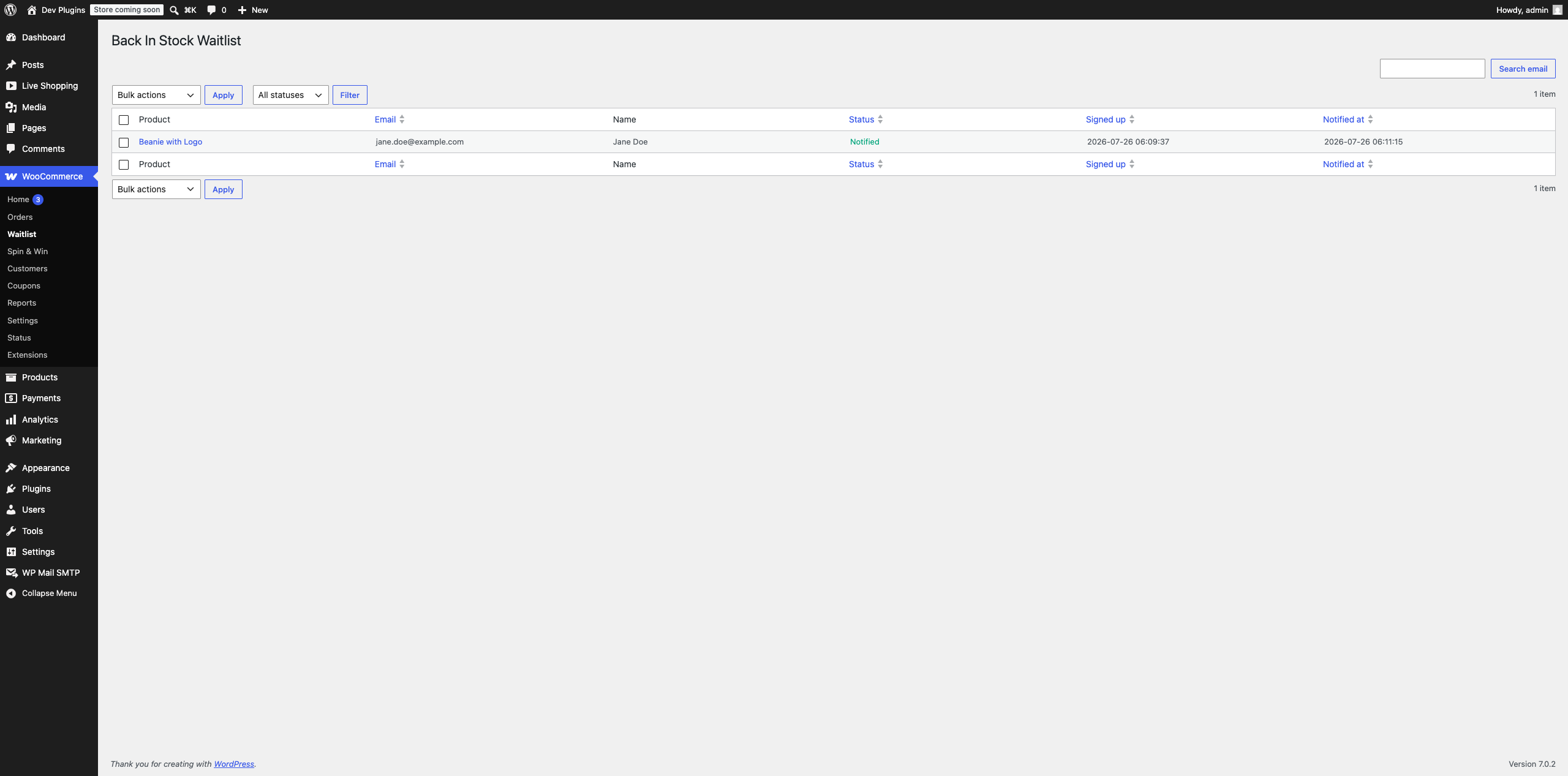 The WooCommerce > Waitlist admin screen — signups move from "Waiting" to "Notified" once the restock email goes out.