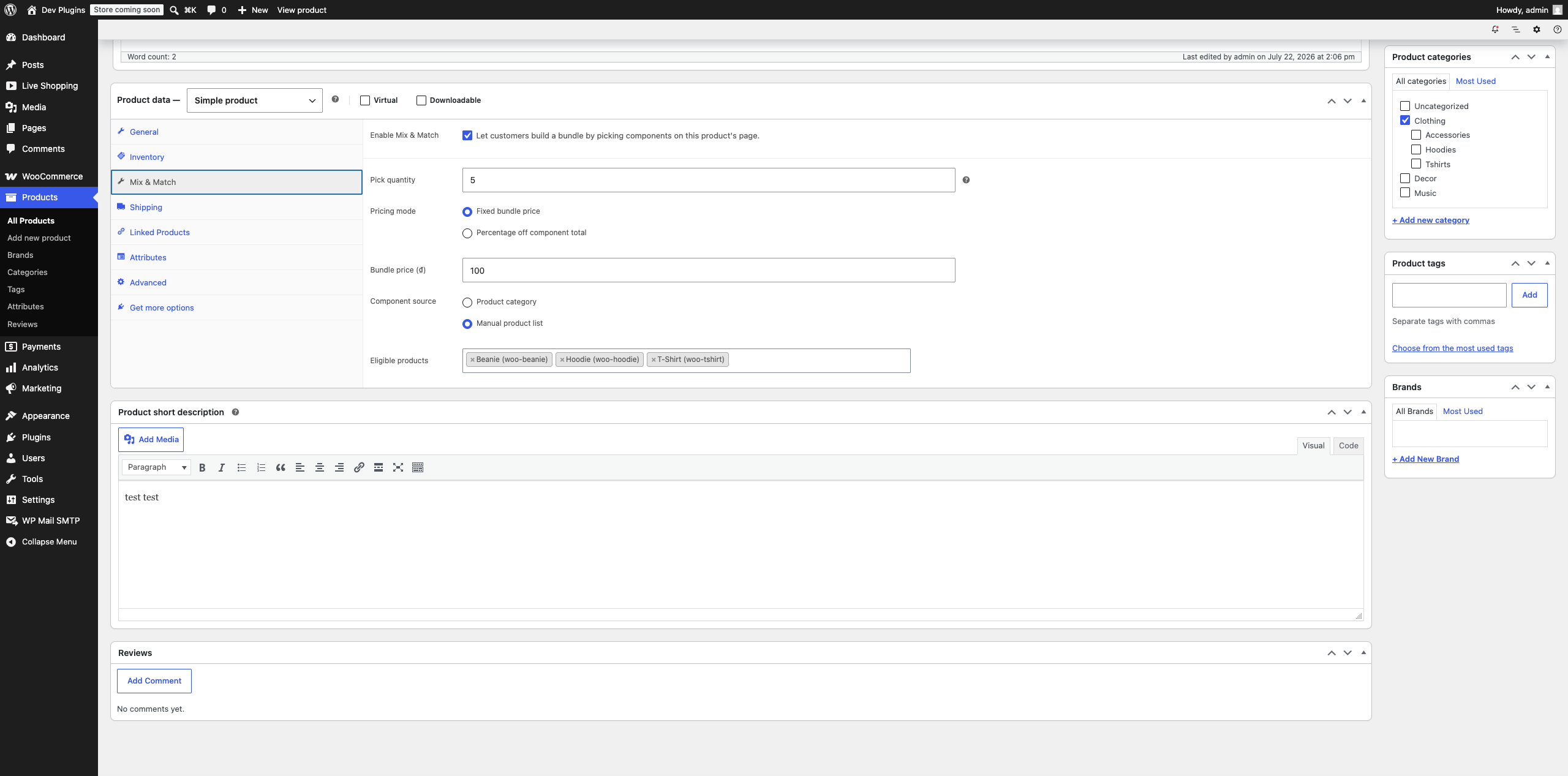 The Mix & Match tab on a simple product: enable the bundle, set pick quantity, pricing mode, and component source.