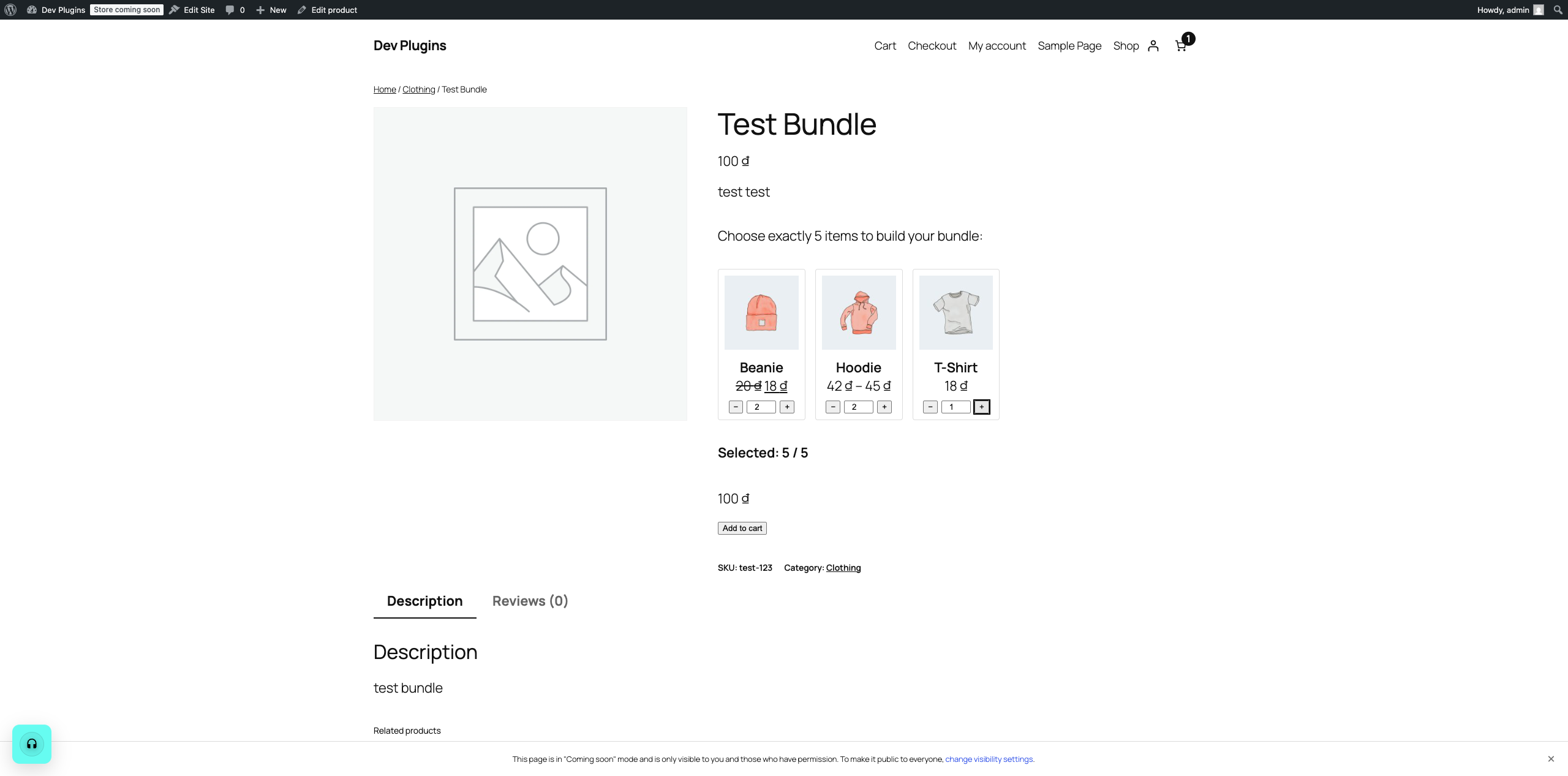 The frontend bundle picker: steppers per component, a live "Selected: X / Y" counter, and running total.