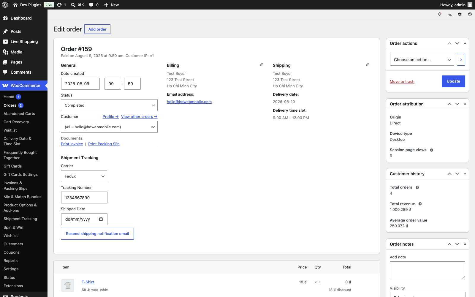 The Shipment Tracking fields on the admin order edit screen.