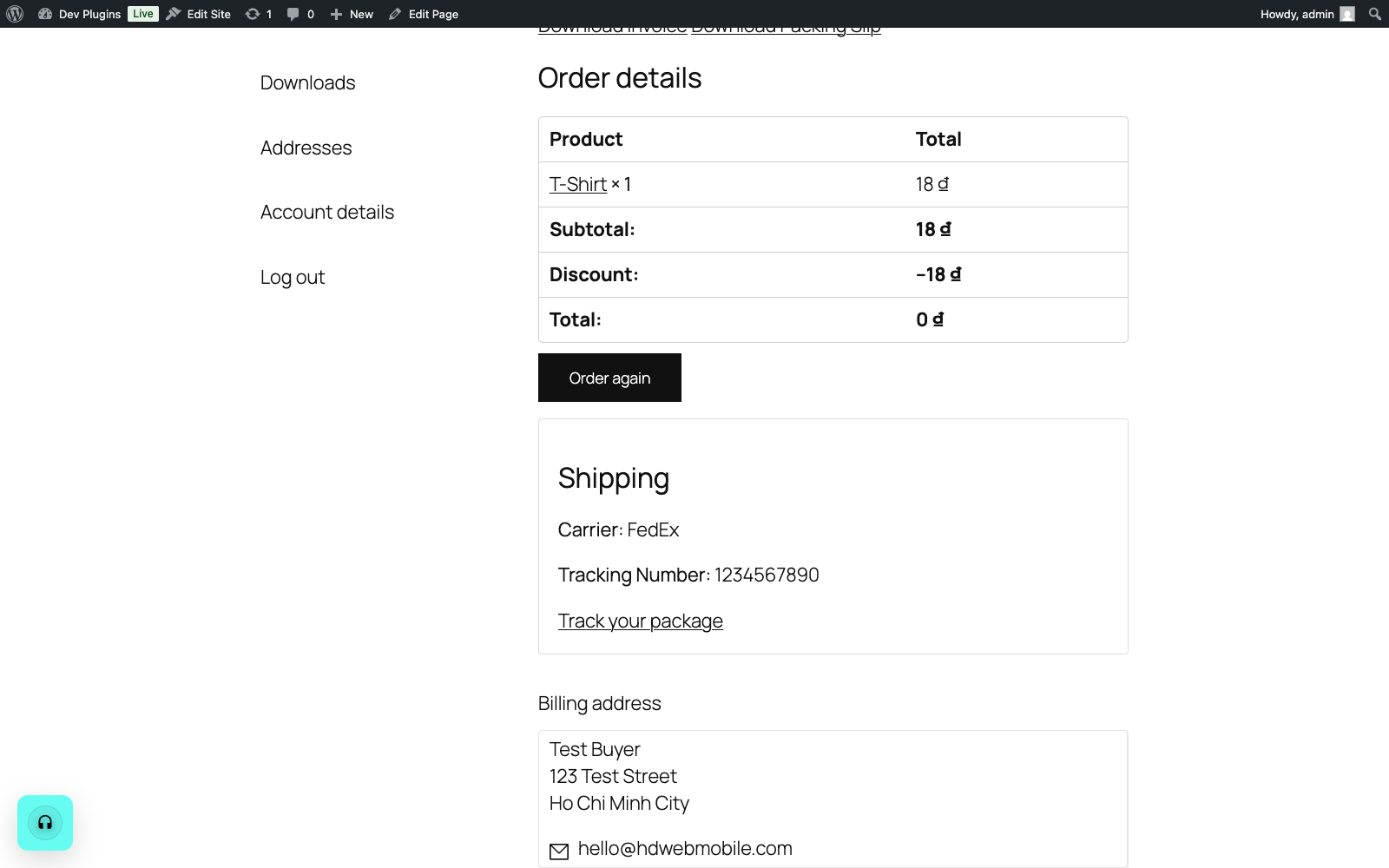 The Shipping section on the customer's My Account order page.