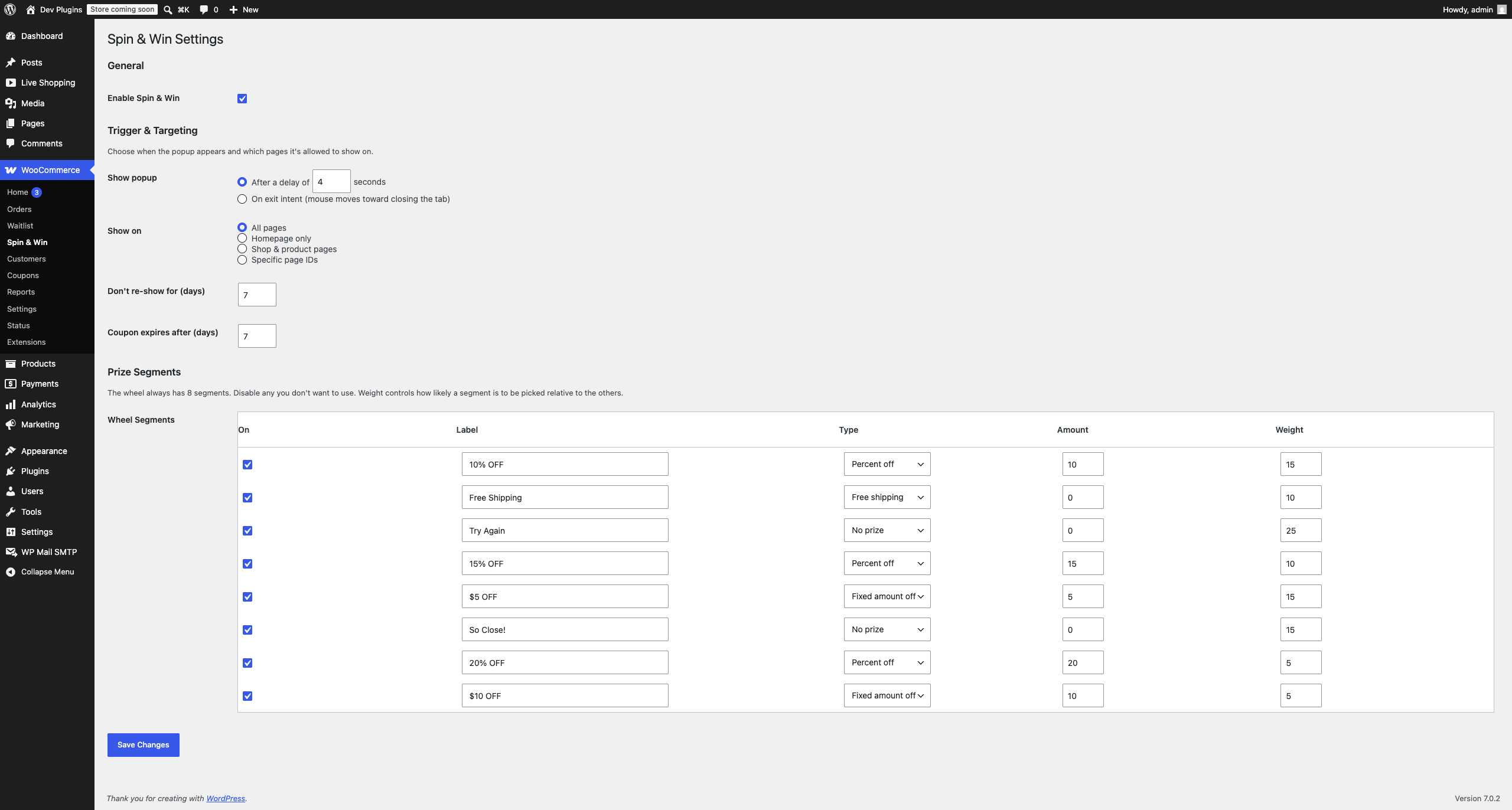 The Spin & Win settings screen — trigger, targeting, frequency cap, coupon expiry, and the 8-segment prize table.