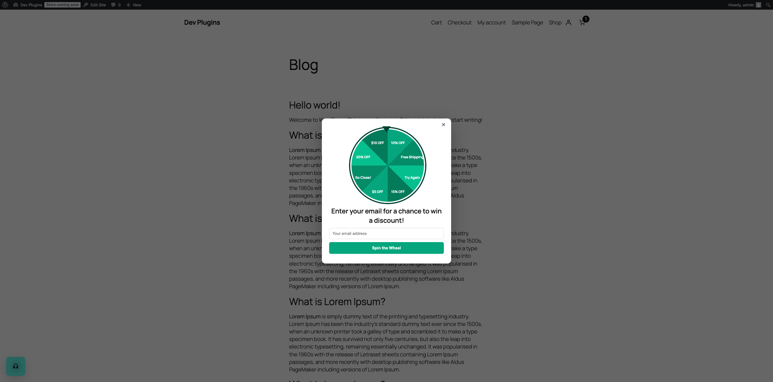 The spin-wheel popup as a visitor sees it, before entering their email.