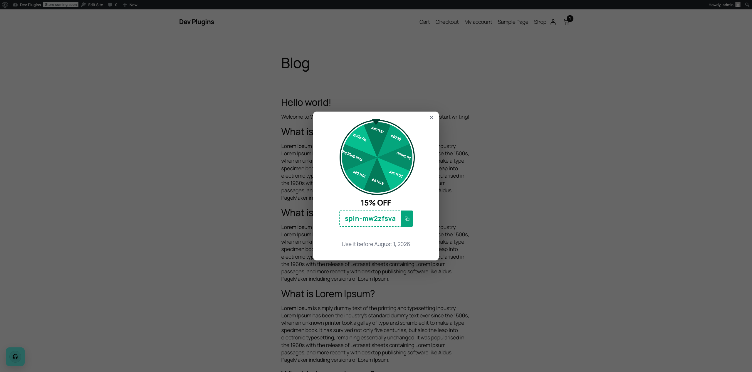 The instant result reveal after spinning, showing the won discount code with its one-click copy button.