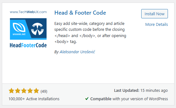 Head & Footer Code box in Plugin search results