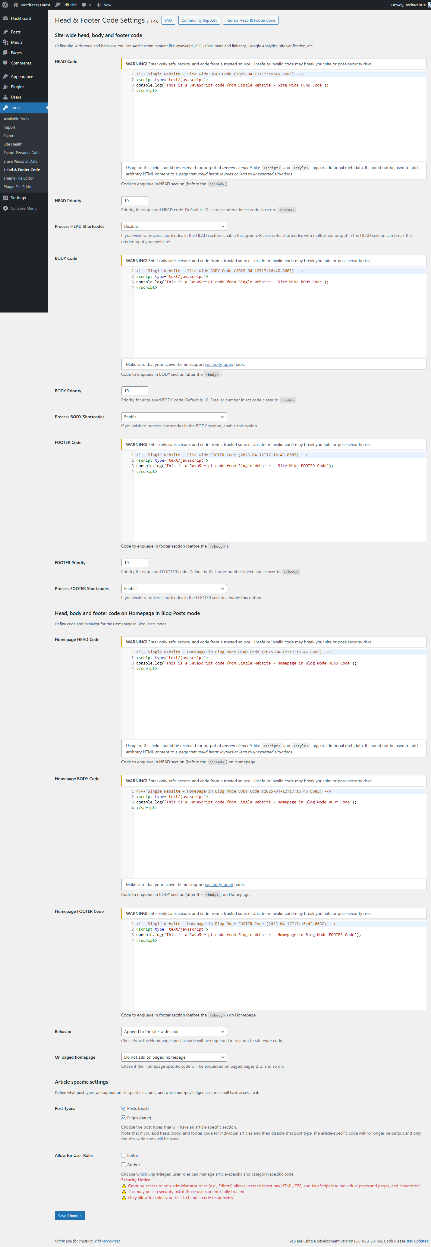 Plugin Settings page (Site-wide, Homepage and Article Post Types)