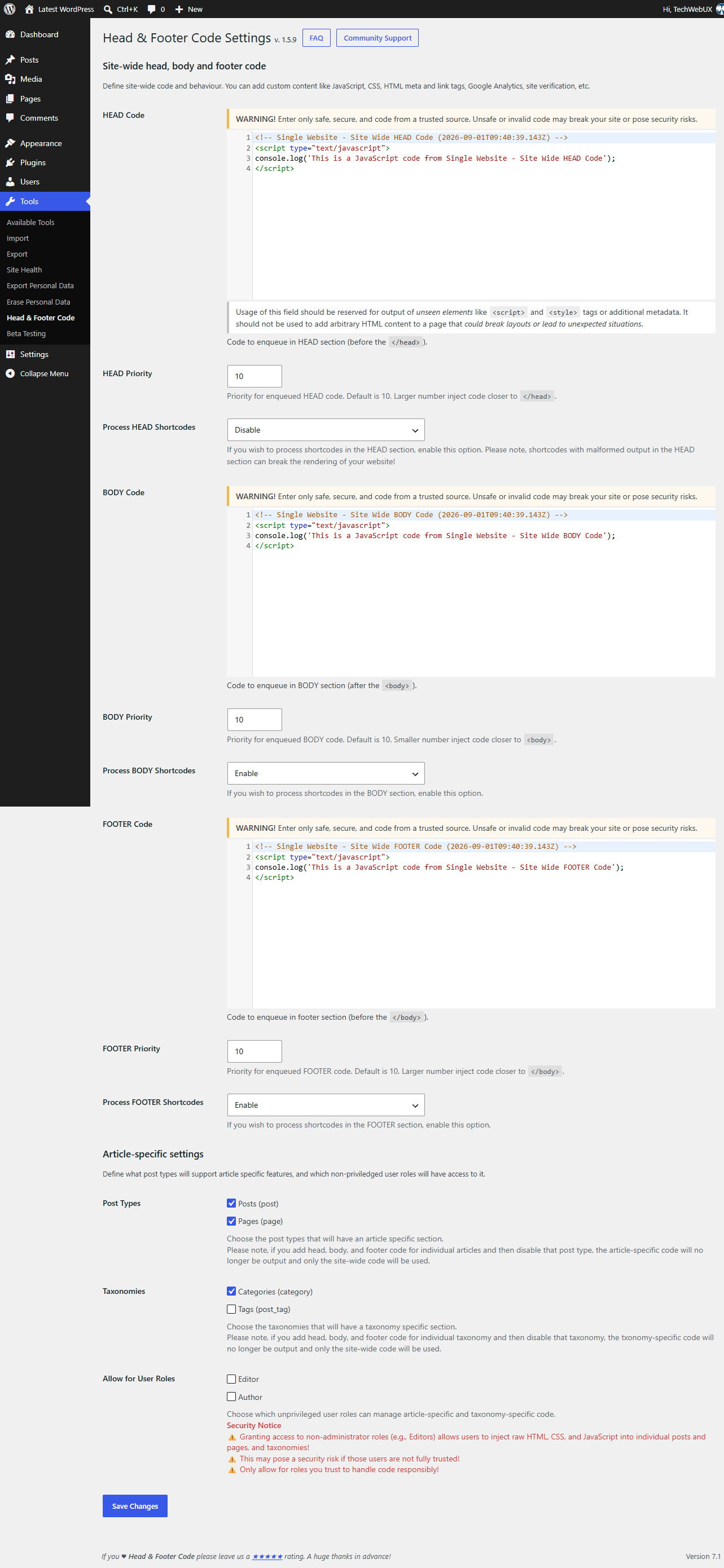 Plugin Settings page (Site-wide, Homepage and Article Post Types)