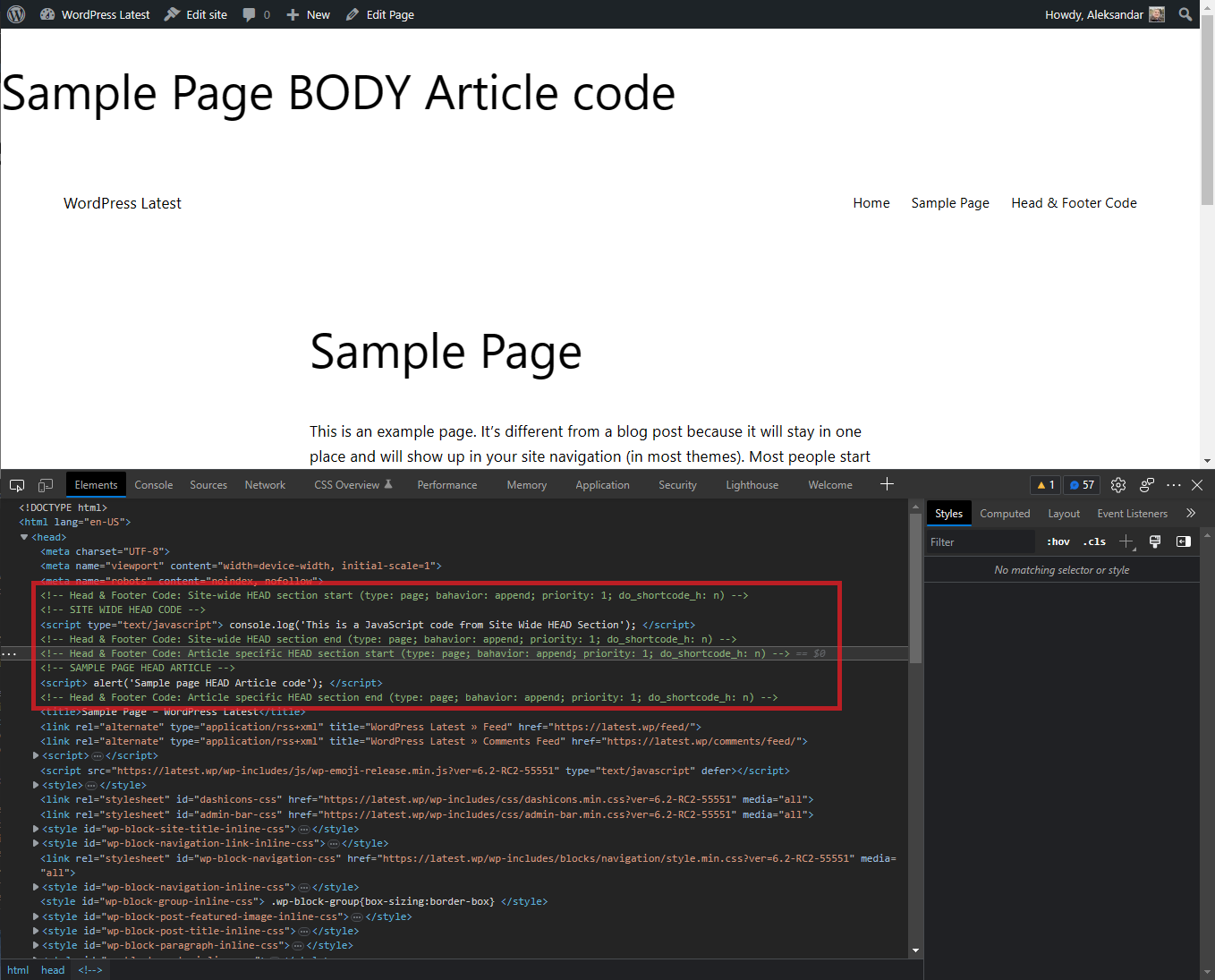 Example of custom code inserted to HEAD section (site-wide with appended article specific)