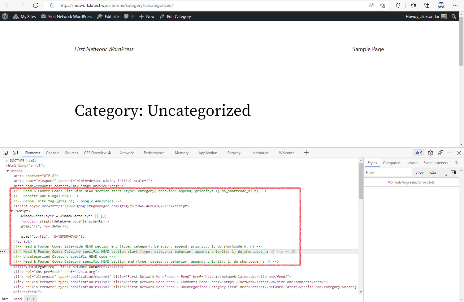 Example of custom code inserted to HEAD section (site-wide with appended category specific)