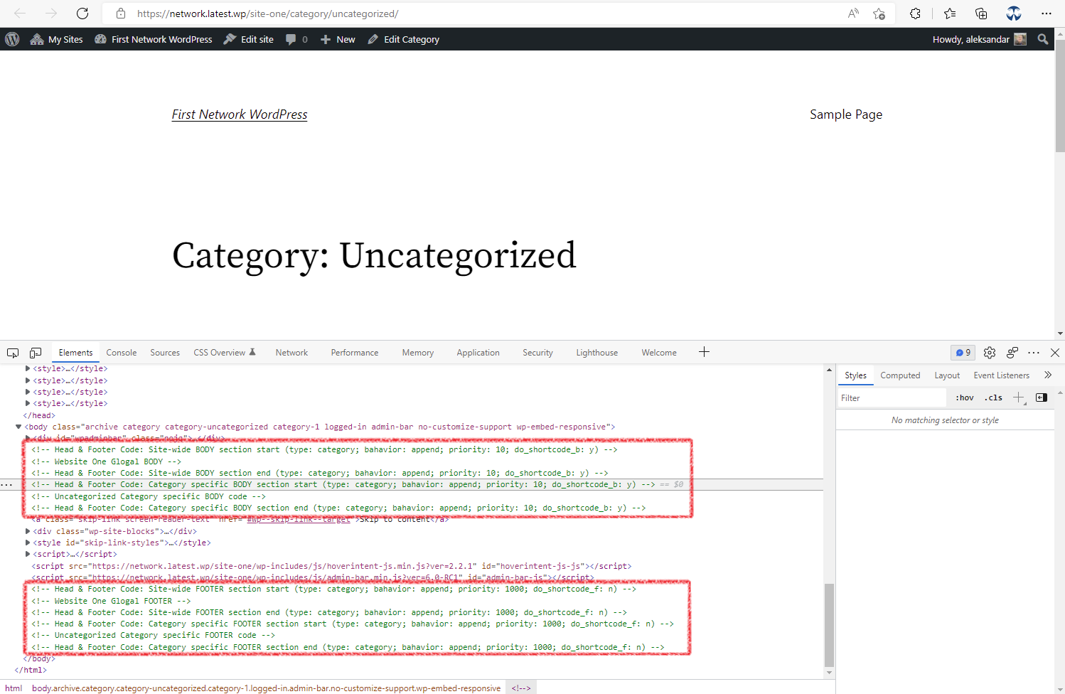 Example of custom code inserted to BODY and FOOTER section (site-wide with appended category specific)