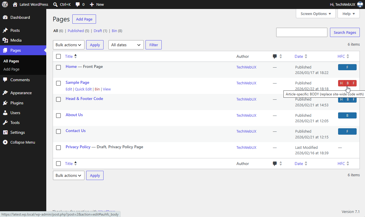 Example of Head &amp; Footer Code column on Pages listing, to identify which pages have set custom code, which one and what mode is selected