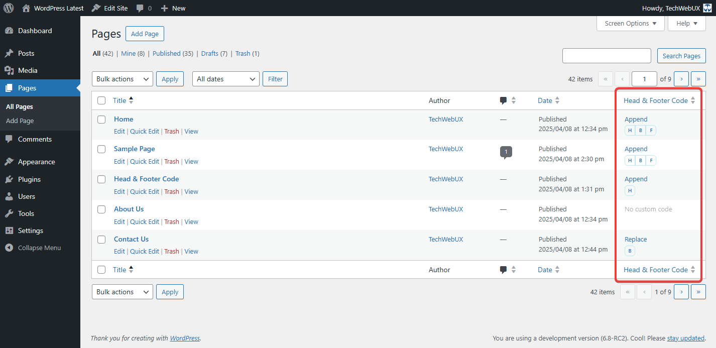 Example of <strong>Head & Footer Code</strong> column on Pages listing, to identify which pages have set custom code, which one and what mode is selected