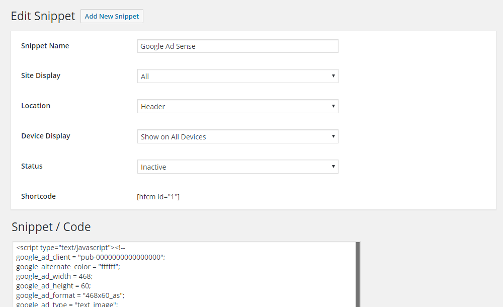 Add New Snippet - Read the documentation at:
http://www.draftpress.com/docs/header-footer-code-manager