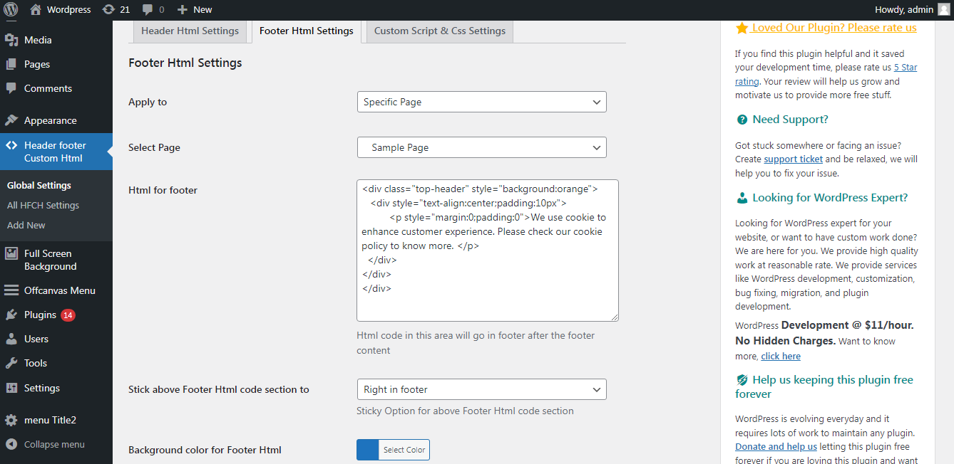 Global Plugin Settings for Custom html in footer part 1