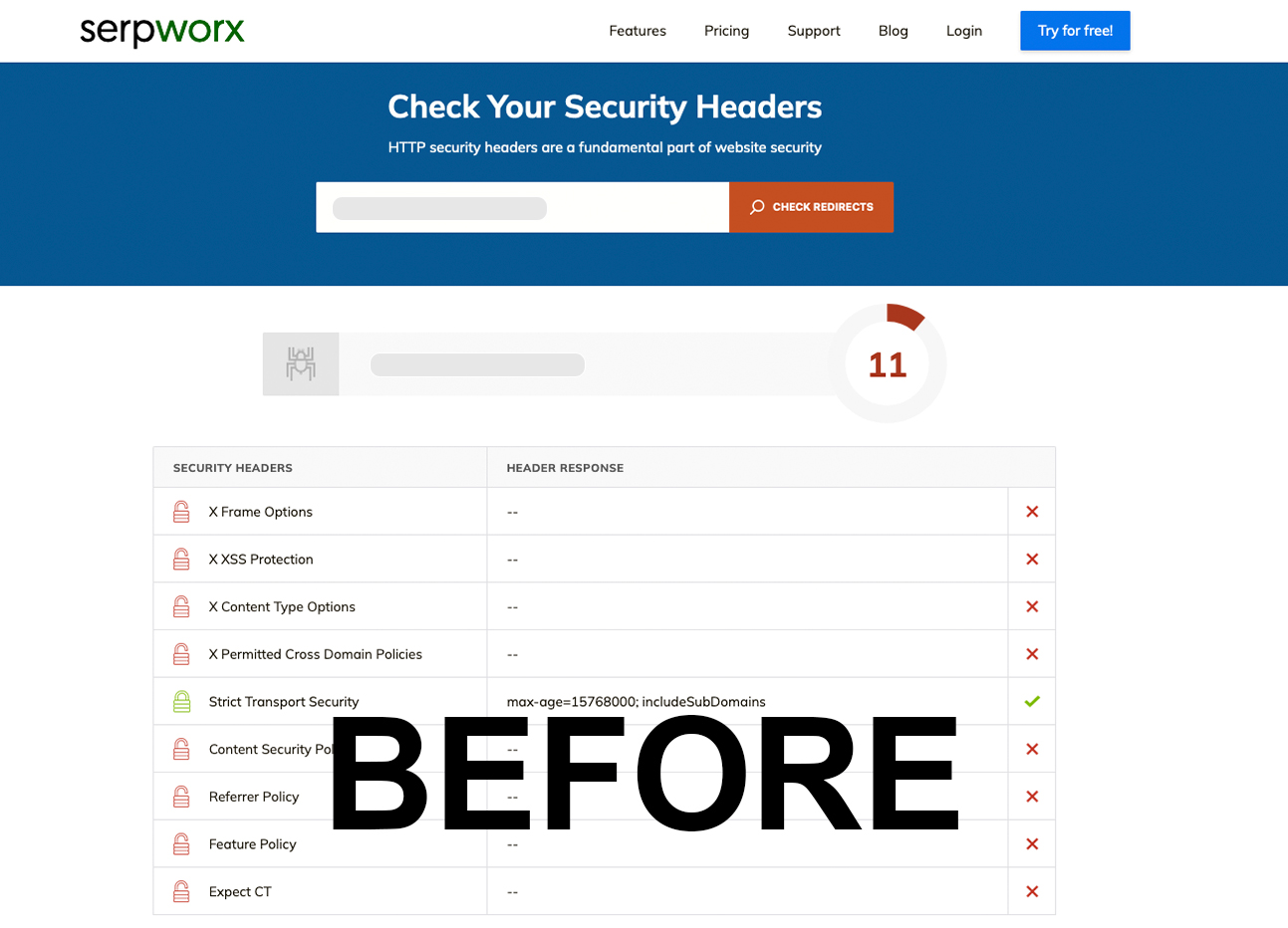 Check HTTP Security Headers - Serpworx (BEFORE)