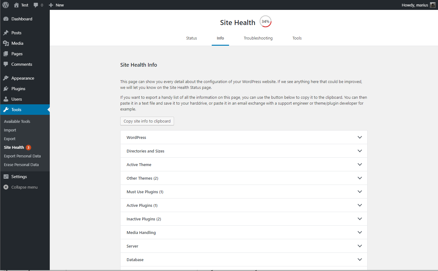 The debug information, with the copy and paste field expanded.