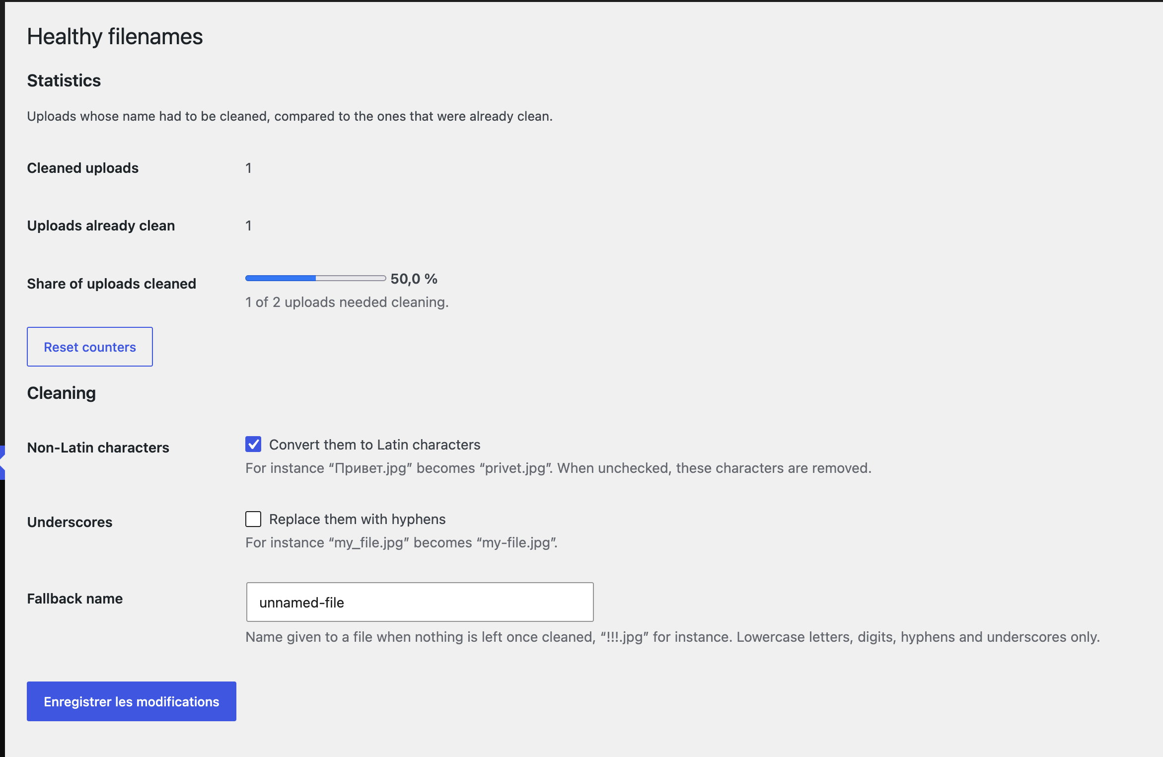 Settings page: upload counters and cleaning options