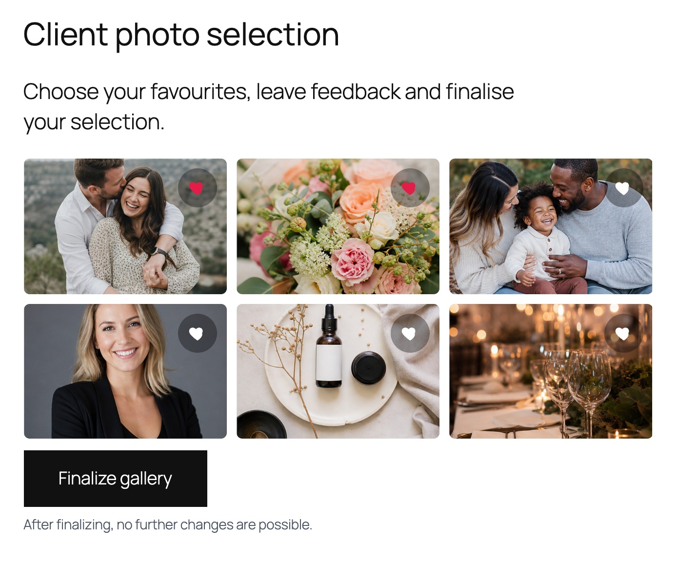 Responsive client gallery with favorite selection and final approval.