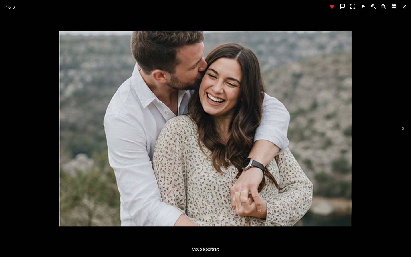Full-screen image review with navigation, zoom, and favorite controls.