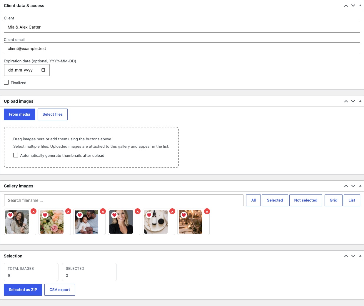 WordPress gallery editor with client access settings and image management.