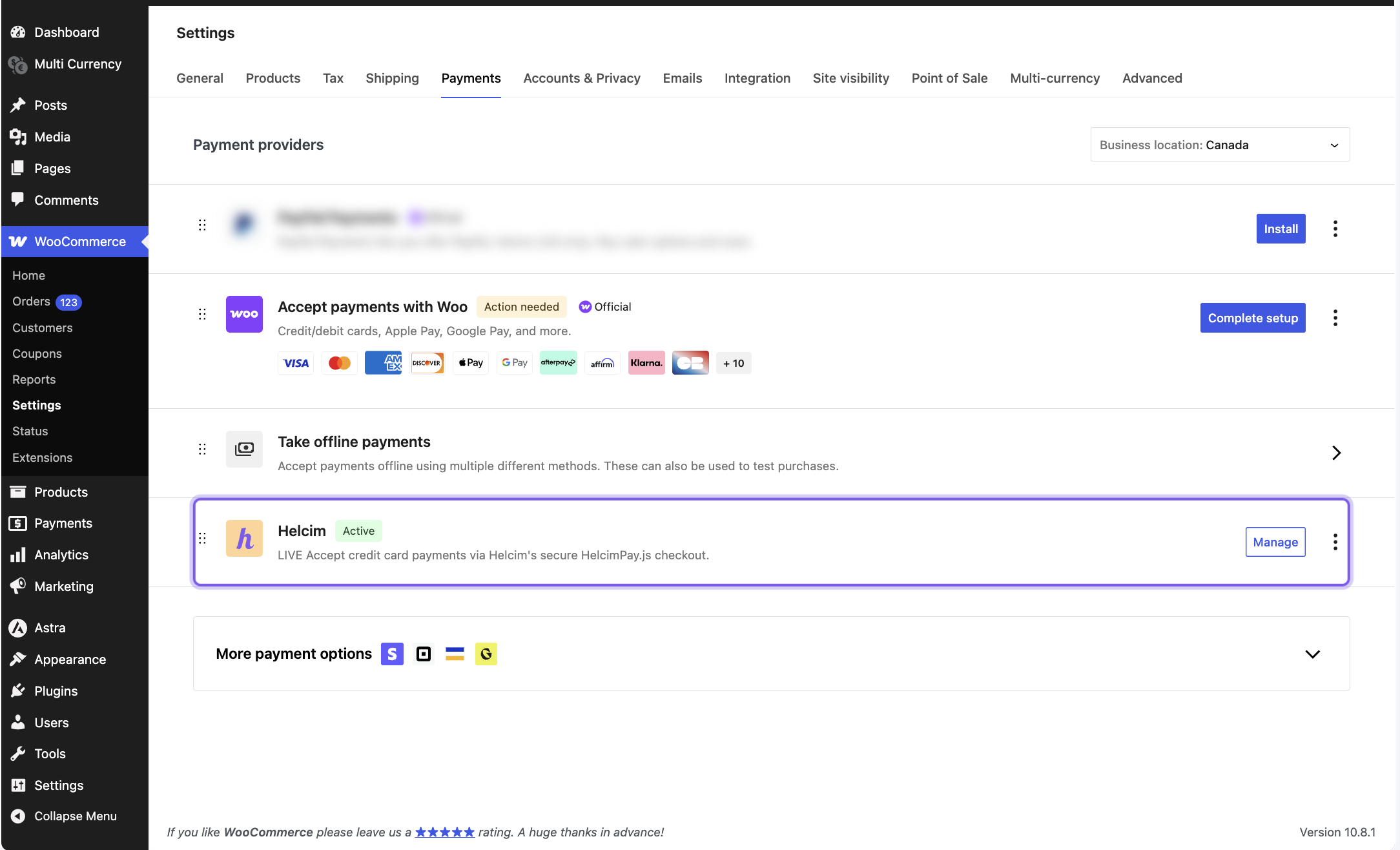 Helcim Commerce for WooCommerce - Configuration page #1