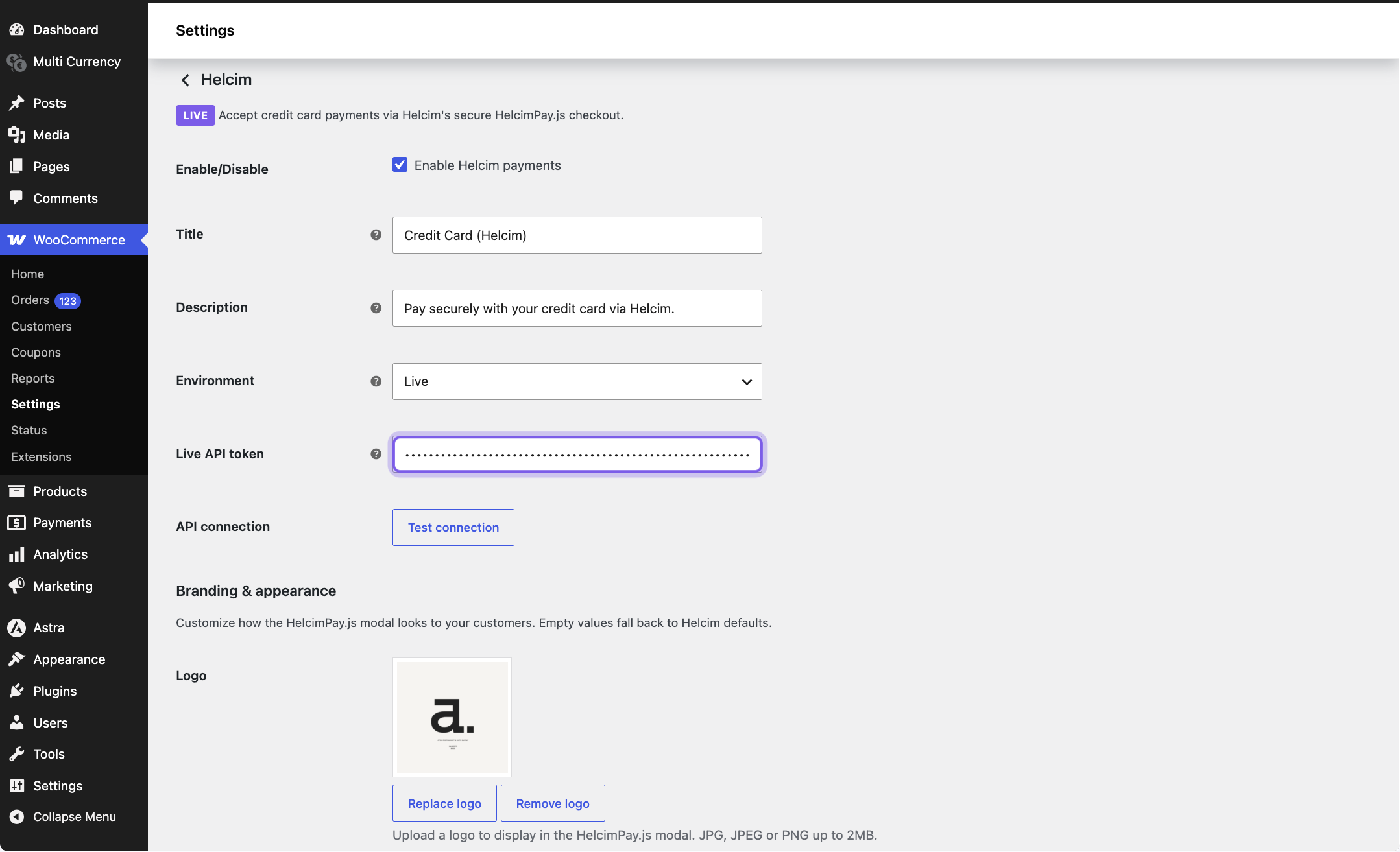 Helcim Commerce for WooCommerce - Configuration page #2