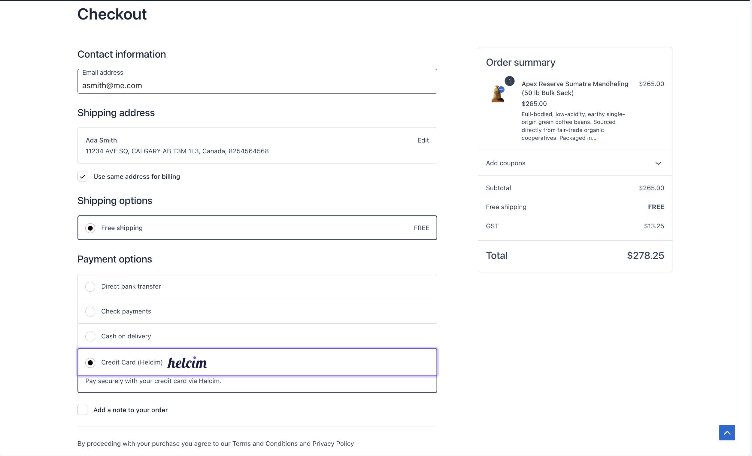 Helcim Commerce for WooCommerce - Checkout page example #1