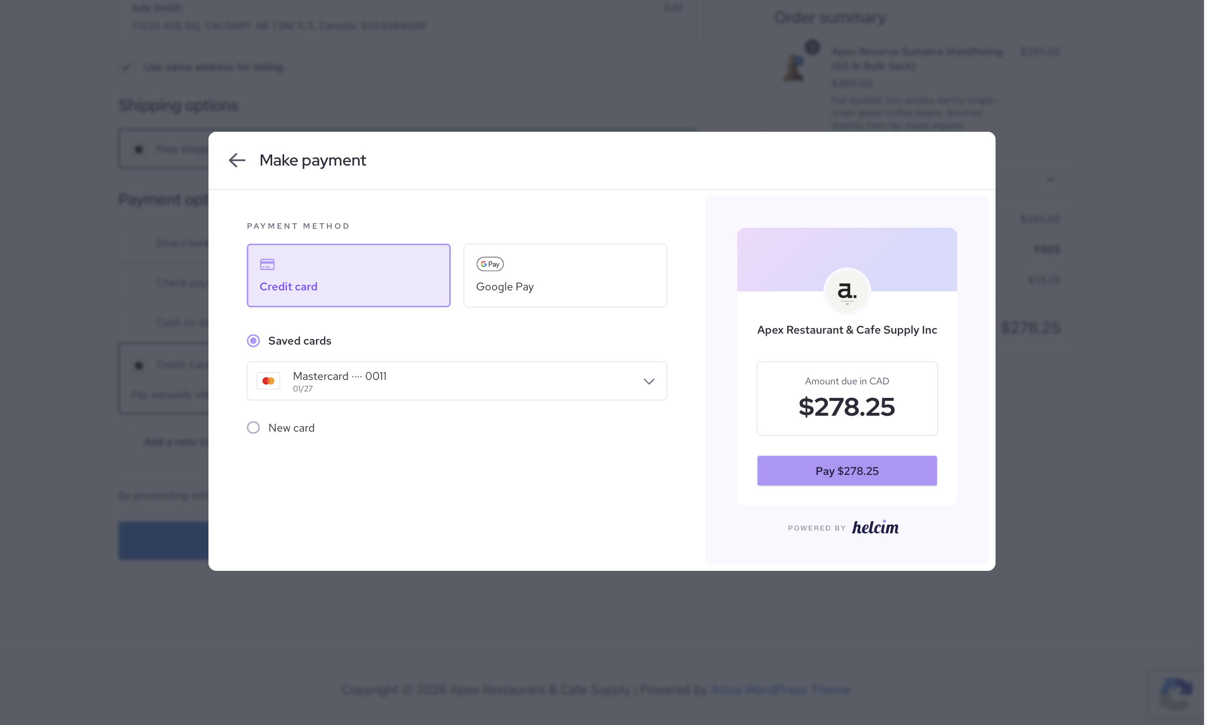 Helcim Commerce for WooCommerce - Checkout page example #2