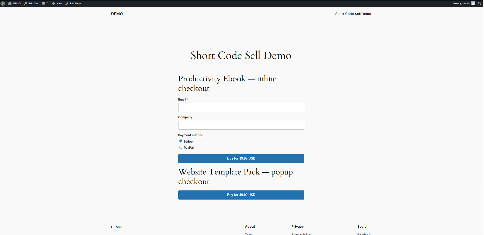 Inline checkout form on a page.