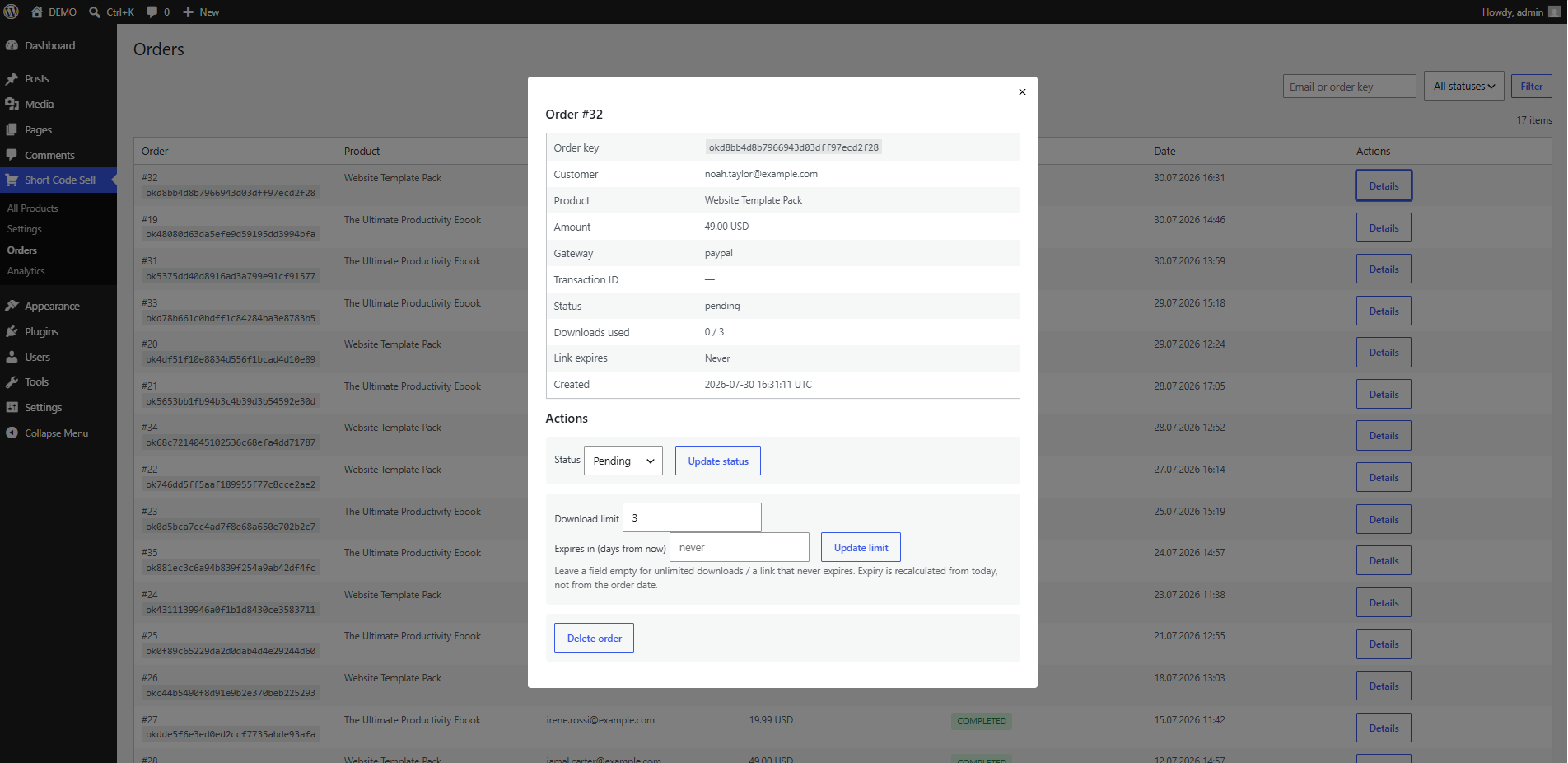 Orders screen with an order's details, status, and limit/expiry actions.