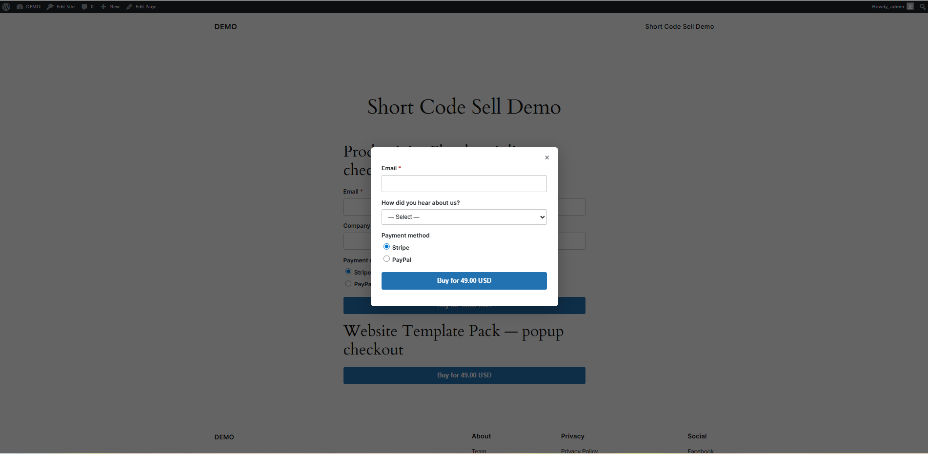 Popup checkout form.